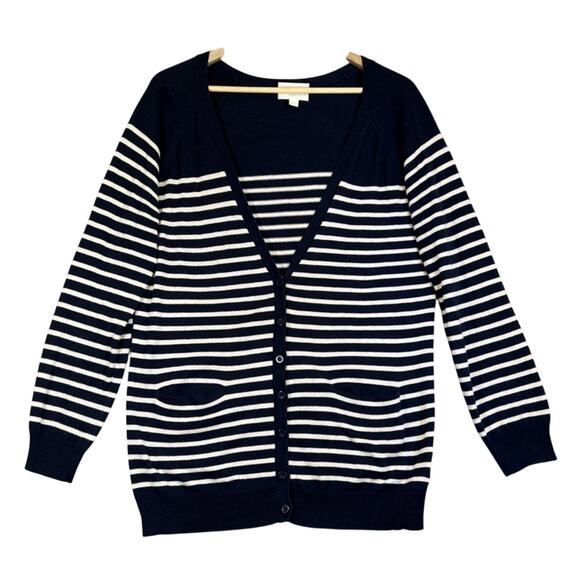 Olive & Oak Cardigan Women Large Navy Cream Stripe Knit V Neck Pockets Preppy - Picture 1 of 9